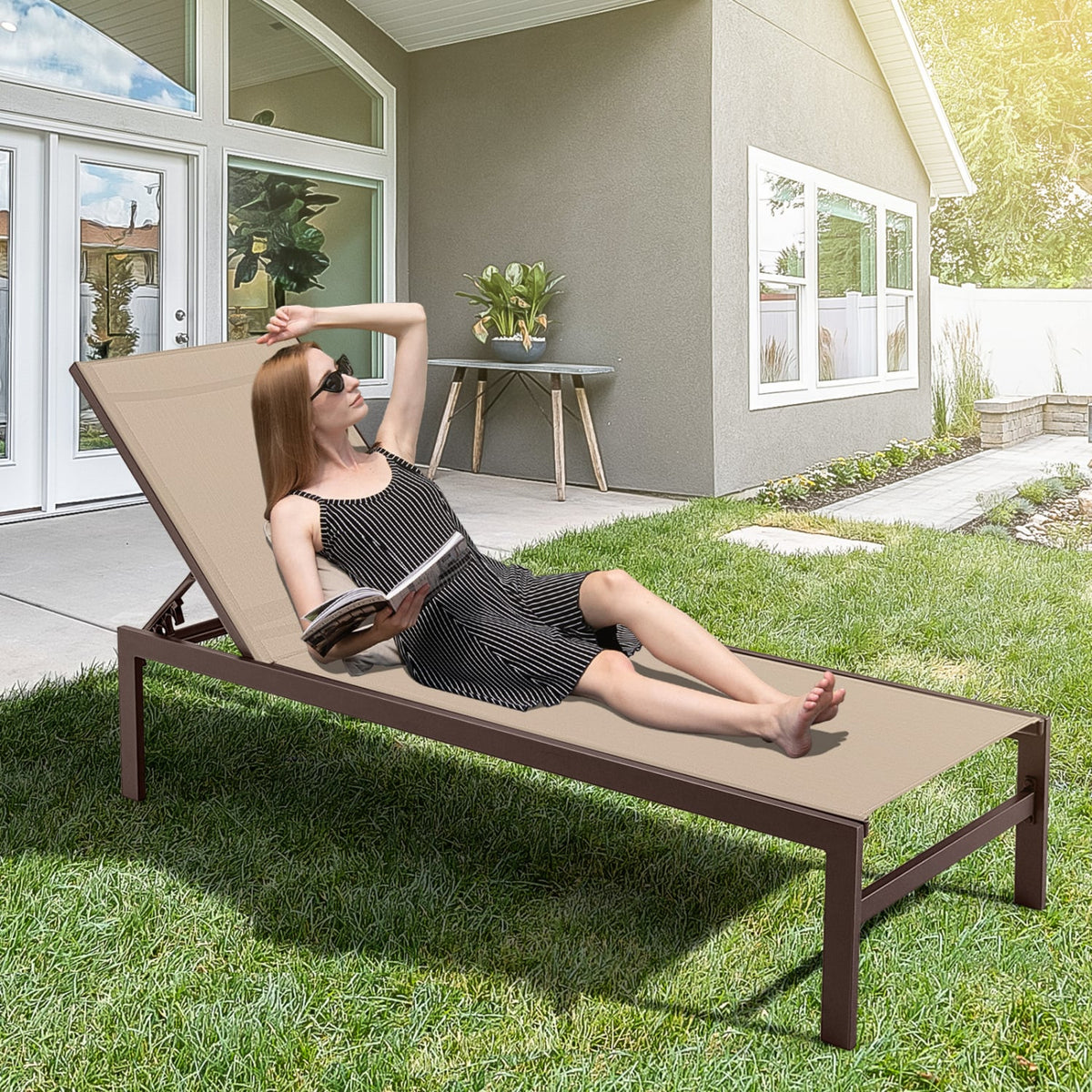 6-Position Chaise Lounge Chairs with Rustproof Aluminium Frame-Brown-Outdoor Chaise Lounges-DECOROLALA