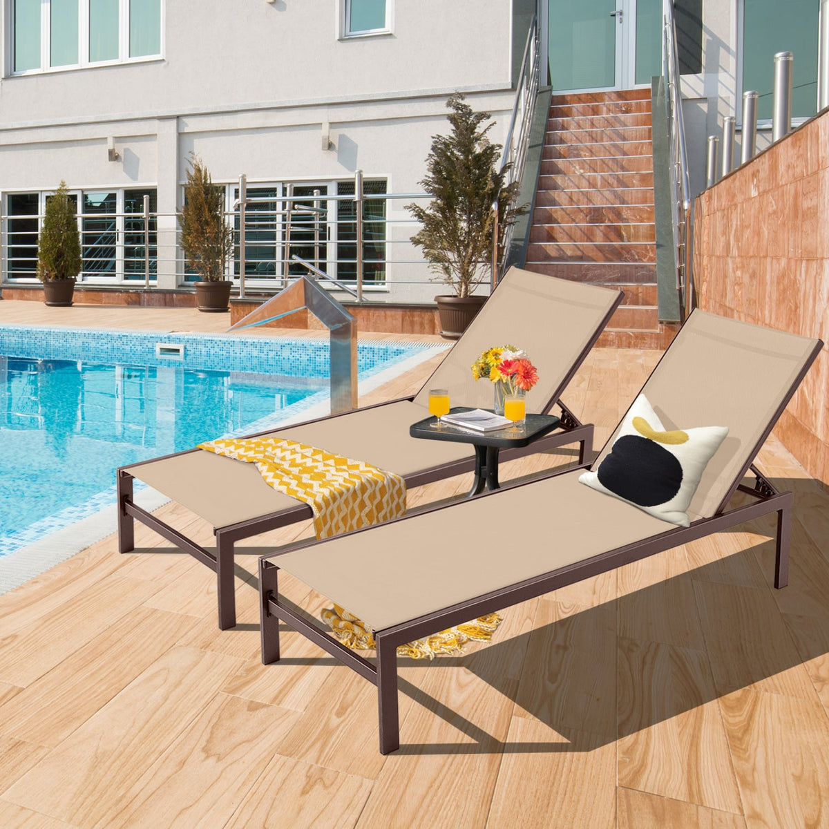 6-Position Chaise Lounge Chairs with Rustproof Aluminium Frame-Brown-Outdoor Chaise Lounges-DECOROLALA