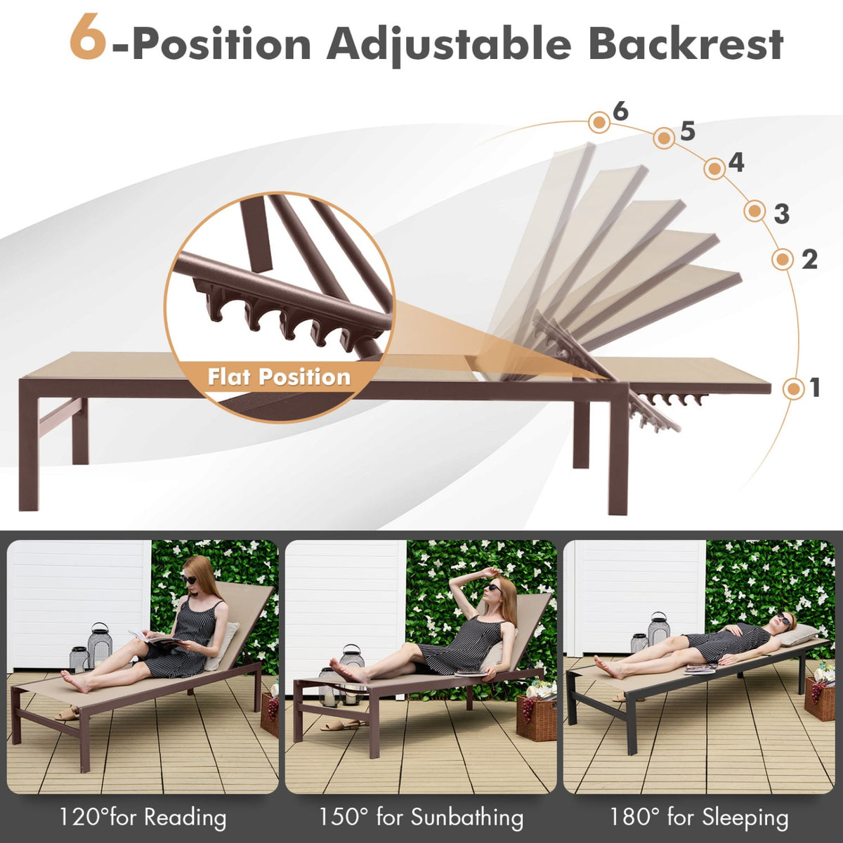 6-Position Chaise Lounge Chairs with Rustproof Aluminium Frame-Brown-Outdoor Chaise Lounges-DECOROLALA