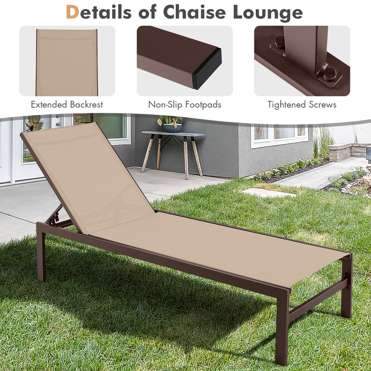 6-Position Chaise Lounge Chairs with Rustproof Aluminium Frame-Brown-Outdoor Chaise Lounges-DECOROLALA