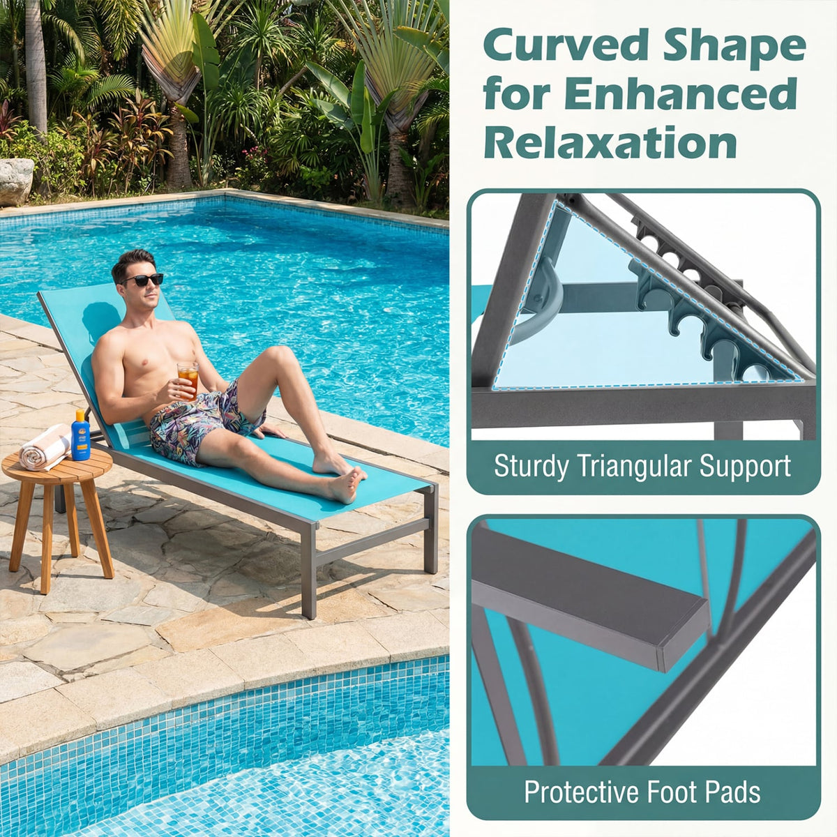 6-Position Chaise Lounge Chairs with Rustproof Aluminium Frame-Turquoise-Outdoor Chaise Lounges-DECOROLALA