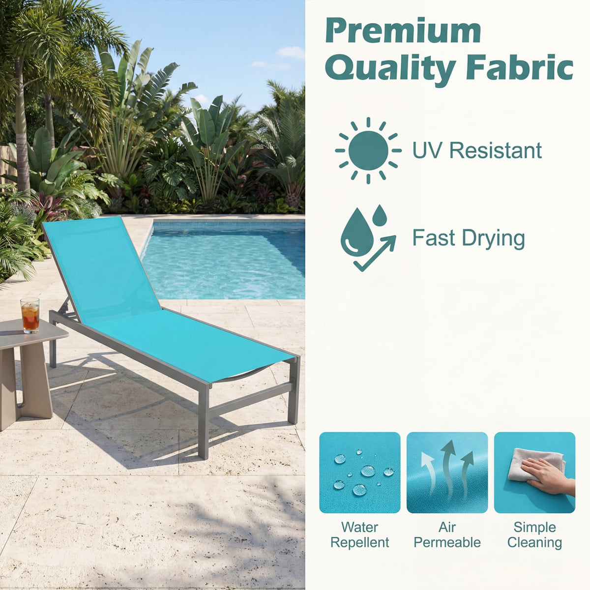 6-Position Chaise Lounge Chairs with Rustproof Aluminium Frame-Turquoise-Outdoor Chaise Lounges-DECOROLALA