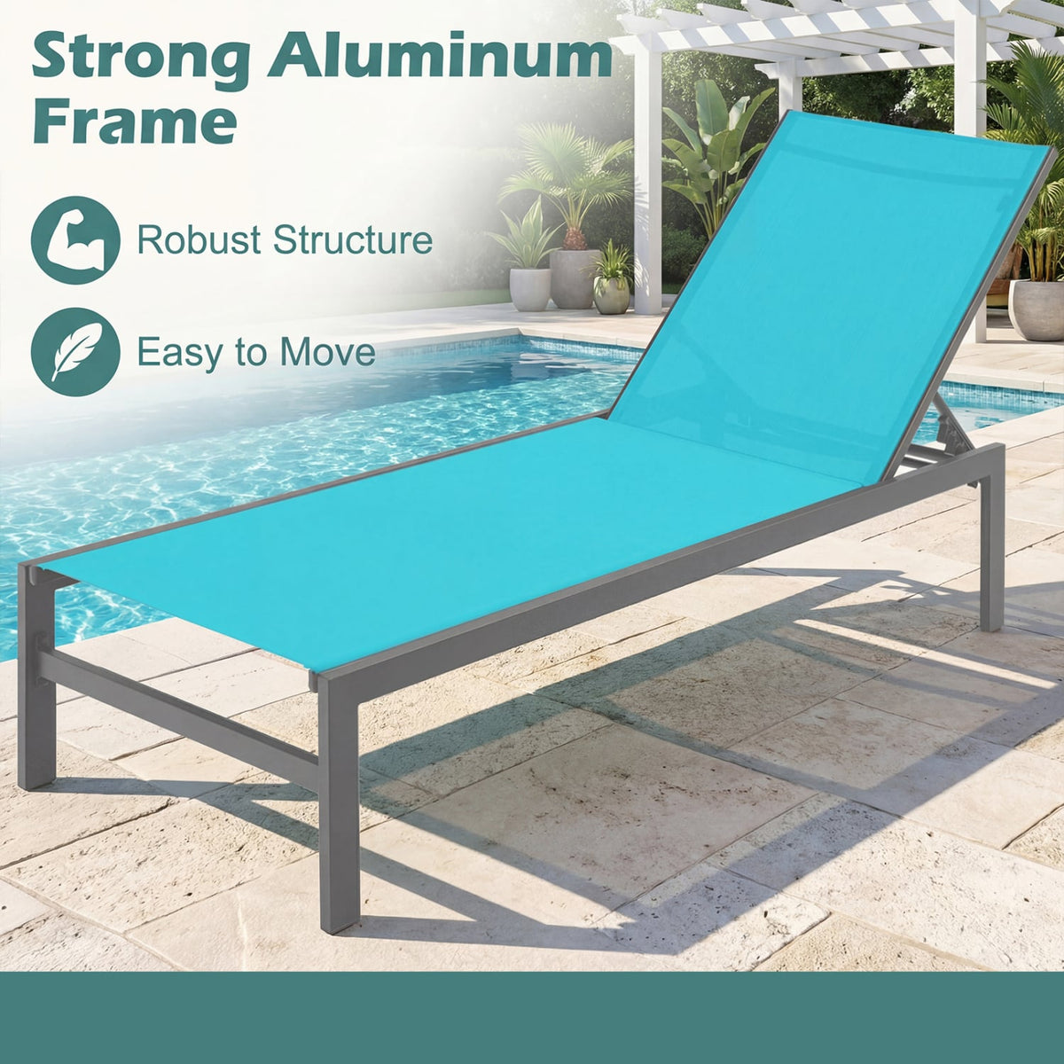6-Position Chaise Lounge Chairs with Rustproof Aluminium Frame-Turquoise-Outdoor Chaise Lounges-DECOROLALA