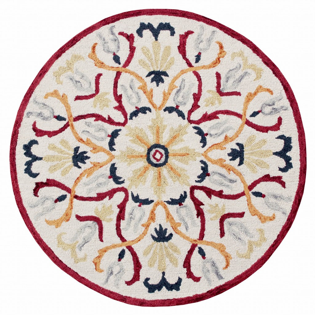6' Red And Ivory Round Wool Hand Tufted Area Rug-Area Rugs-DECOROLALA