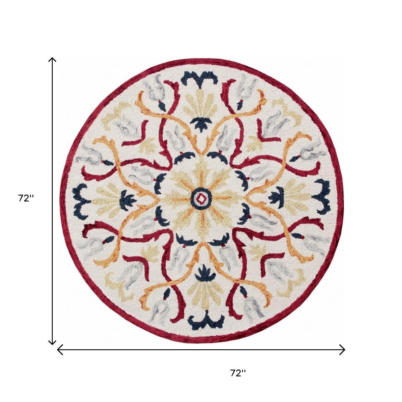 6' Red And Ivory Round Wool Hand Tufted Area Rug-Area Rugs-DECOROLALA