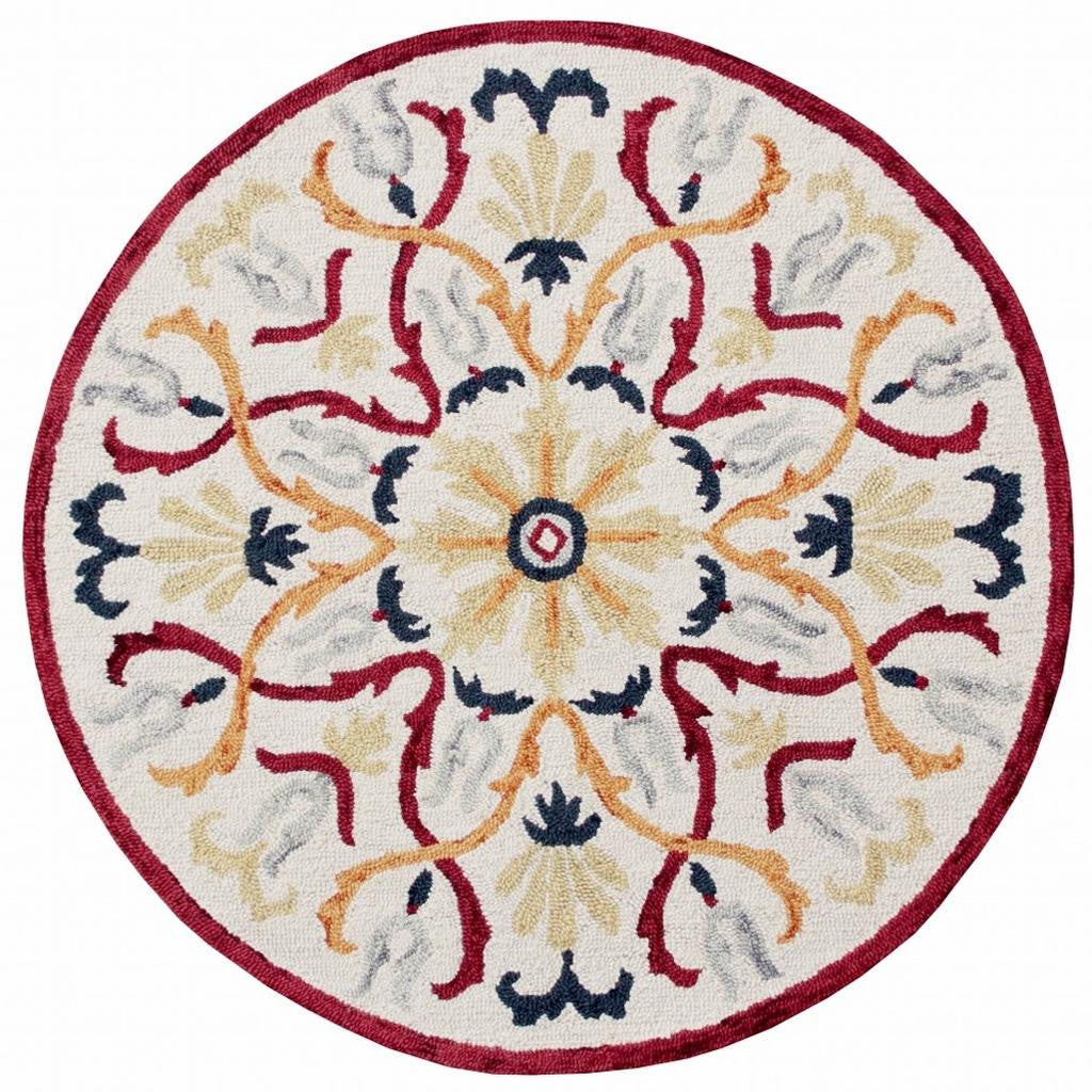 6' Red And Ivory Round Wool Hand Tufted Area Rug-Area Rugs-DECOROLALA