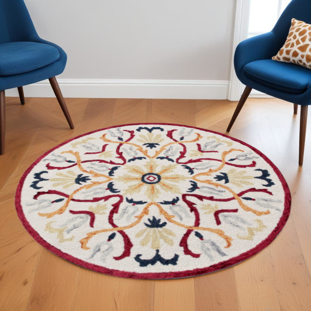 6' Red And Ivory Round Wool Hand Tufted Area Rug-Area Rugs-DECOROLALA