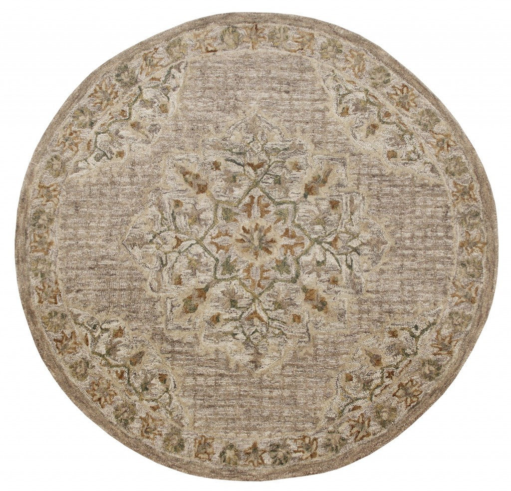 6' Round Beige Distressed Medallion Area Rug-Area Rugs-DECOROLALA