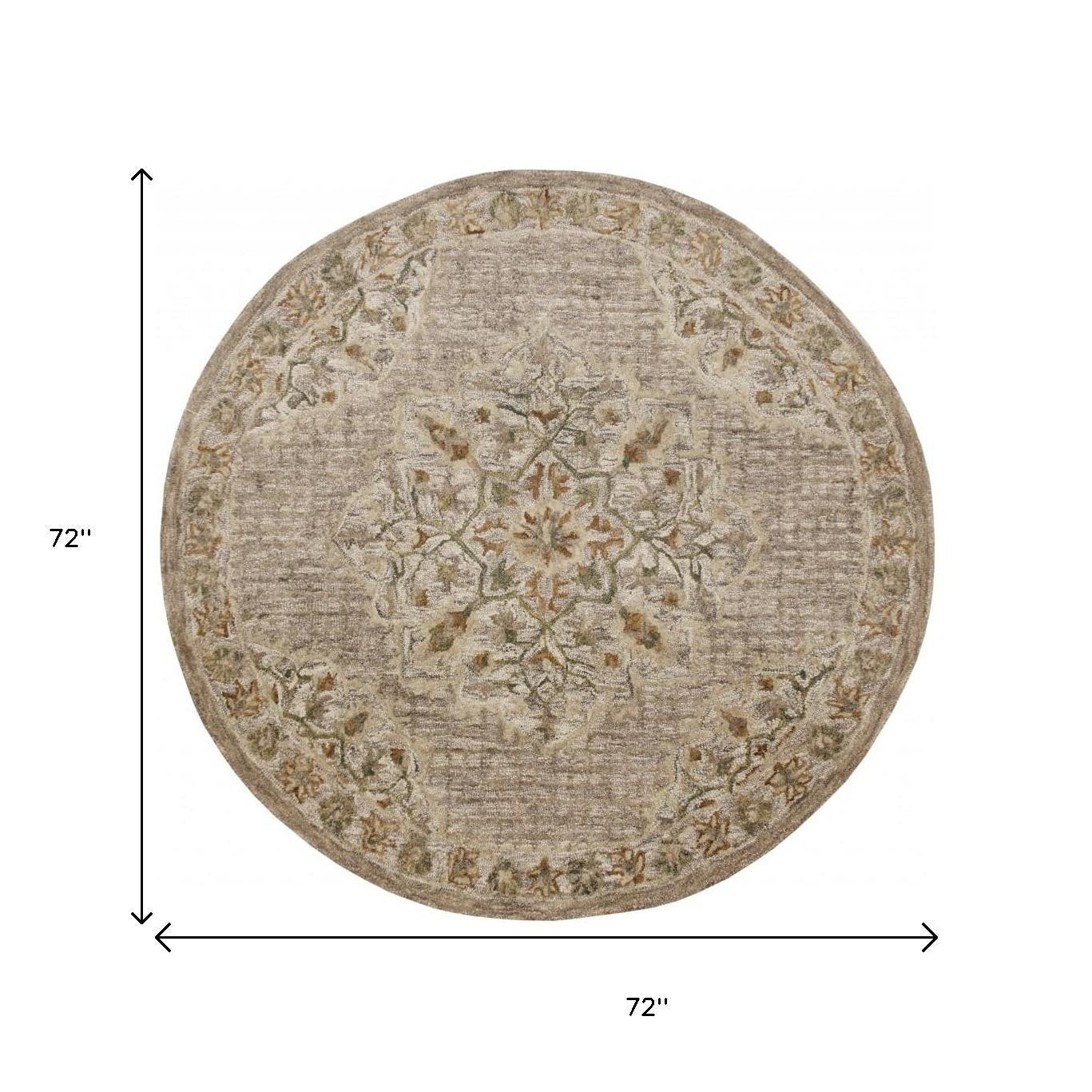 6' Round Beige Distressed Medallion Area Rug-Area Rugs-DECOROLALA