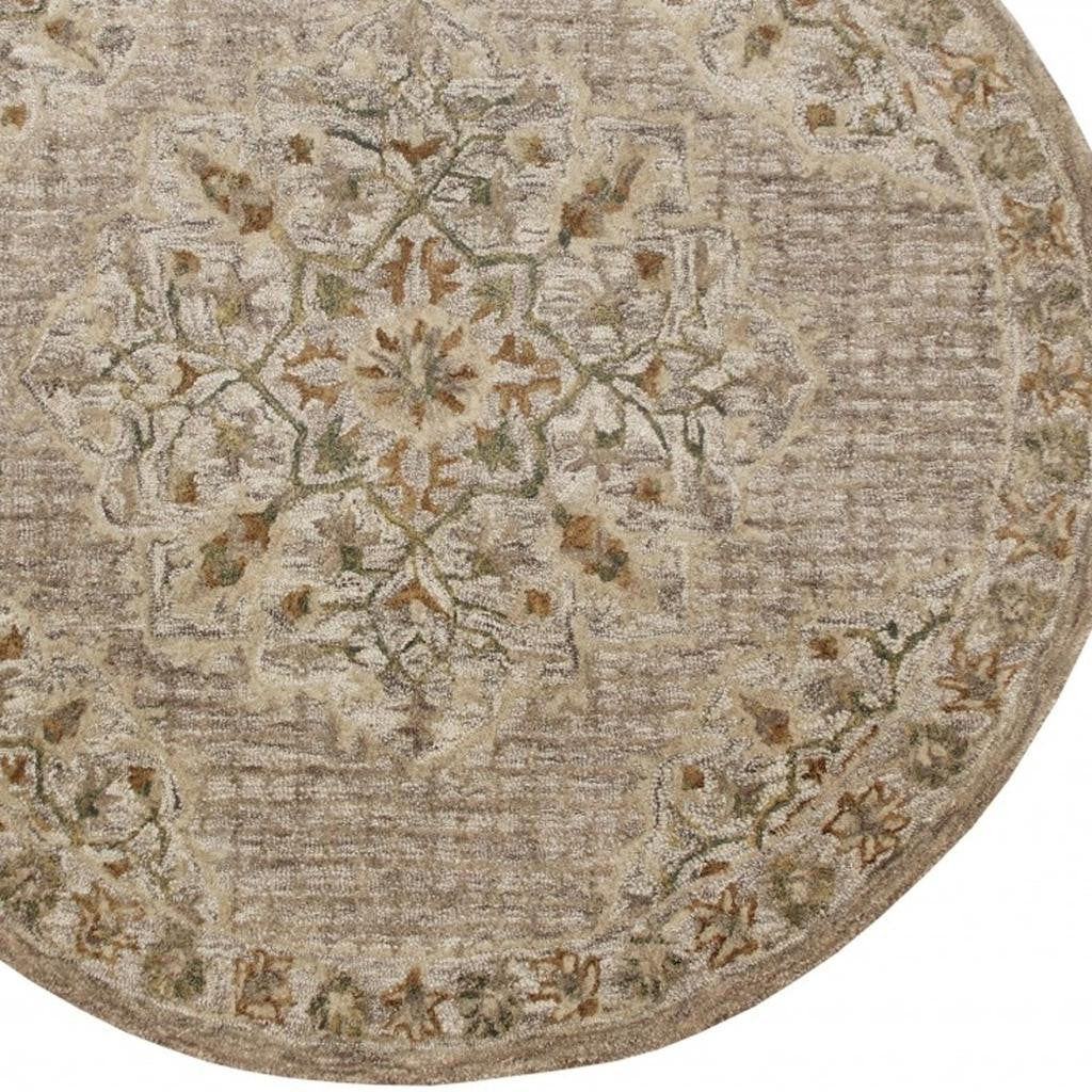6' Round Beige Distressed Medallion Area Rug-Area Rugs-DECOROLALA