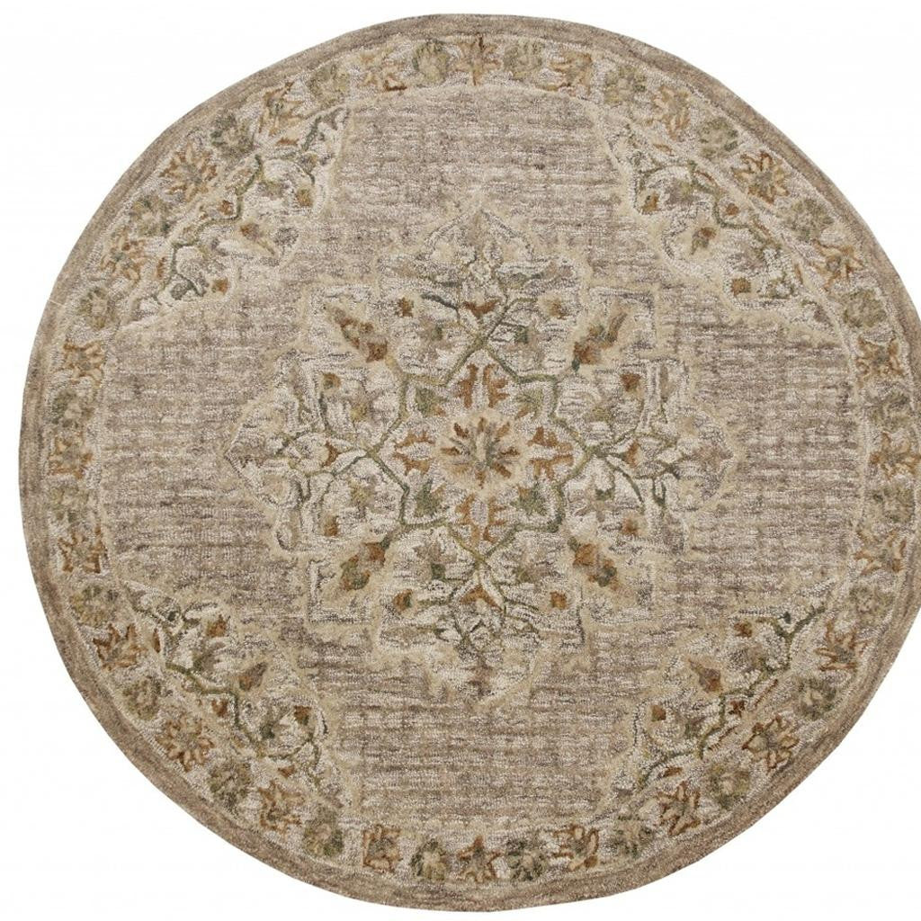 6' Round Beige Distressed Medallion Area Rug-Area Rugs-DECOROLALA