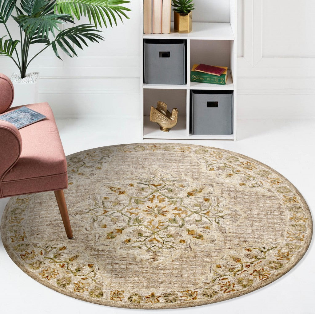 6' Round Beige Distressed Medallion Area Rug-Area Rugs-DECOROLALA