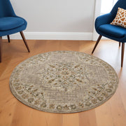 6' Round Beige Distressed Medallion Area Rug-Area Rugs-DECOROLALA