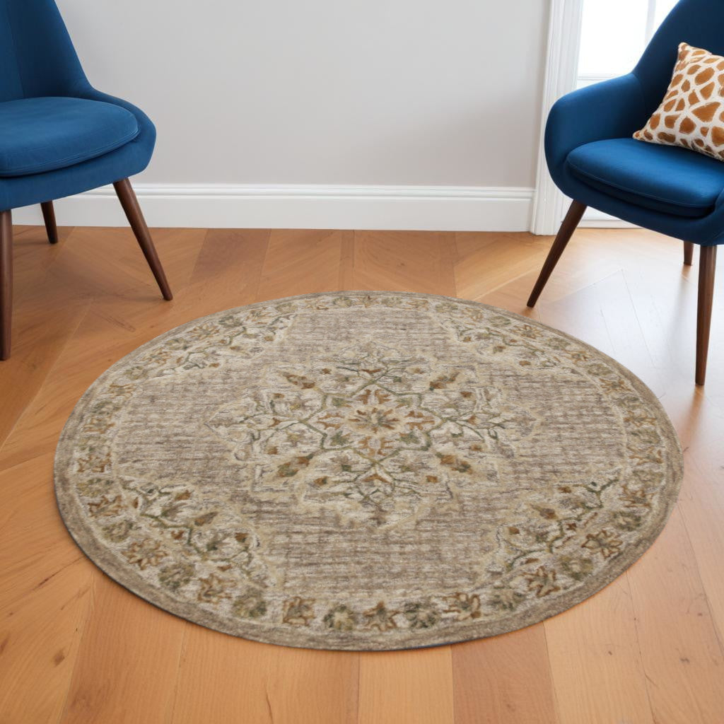 6' Round Beige Distressed Medallion Area Rug-Area Rugs-DECOROLALA