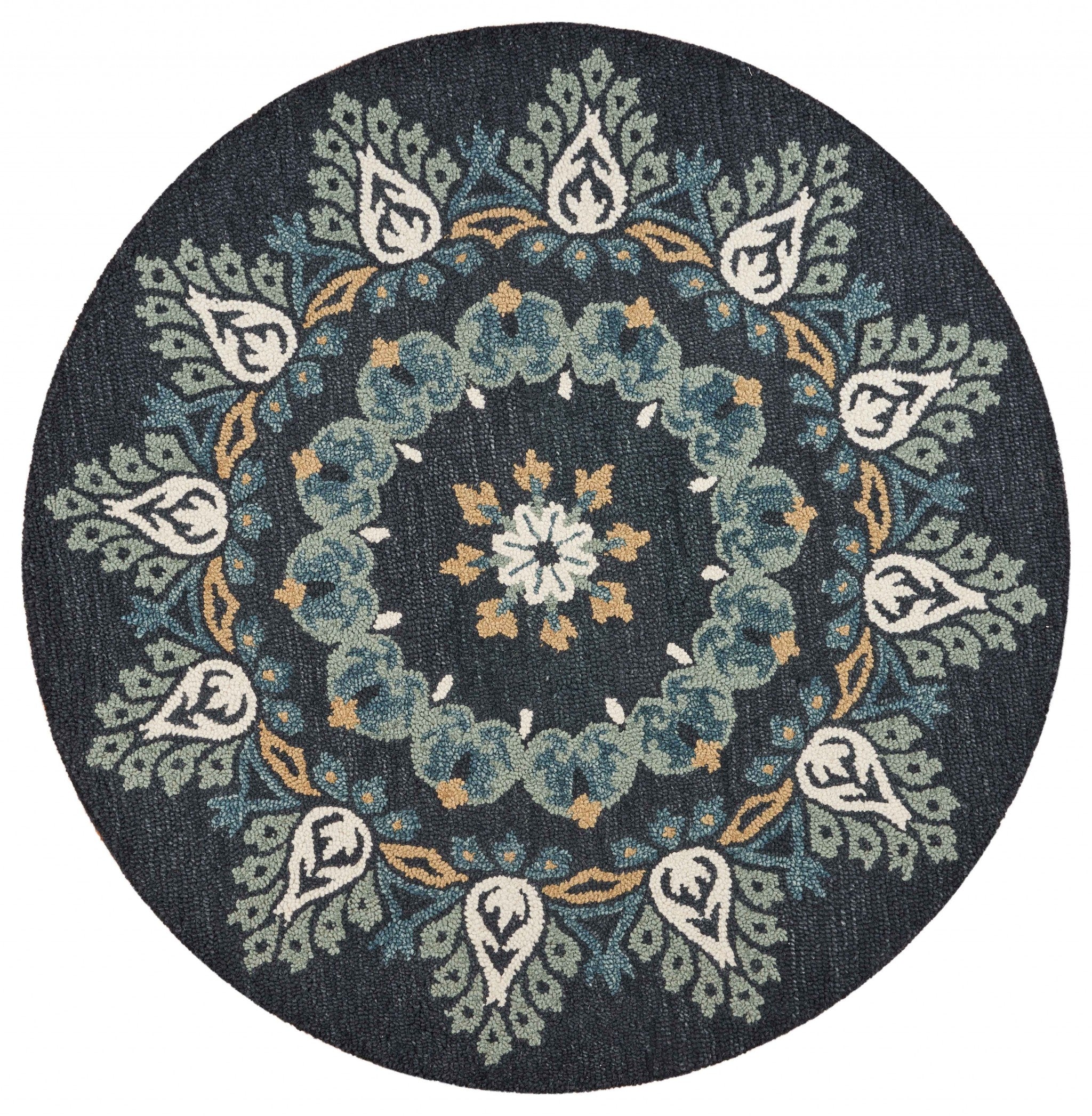 6' Round Black Floral Paradise Area Rug-Area Rugs-DECOROLALA