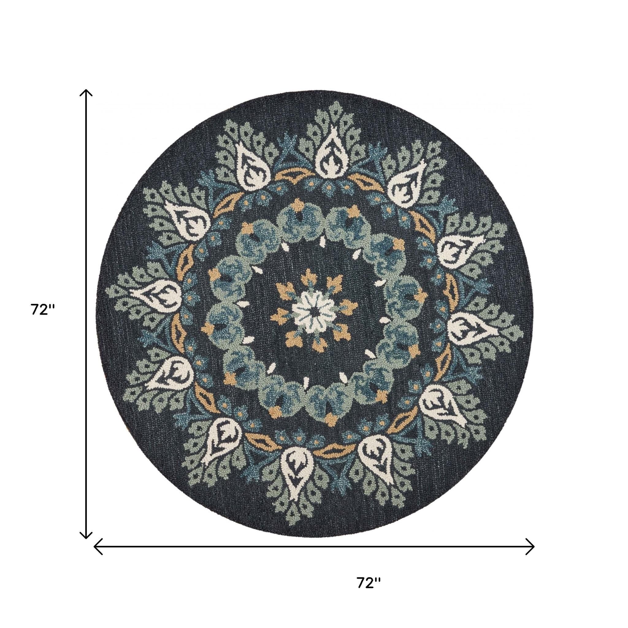 6' Round Black Floral Paradise Area Rug-Area Rugs-DECOROLALA