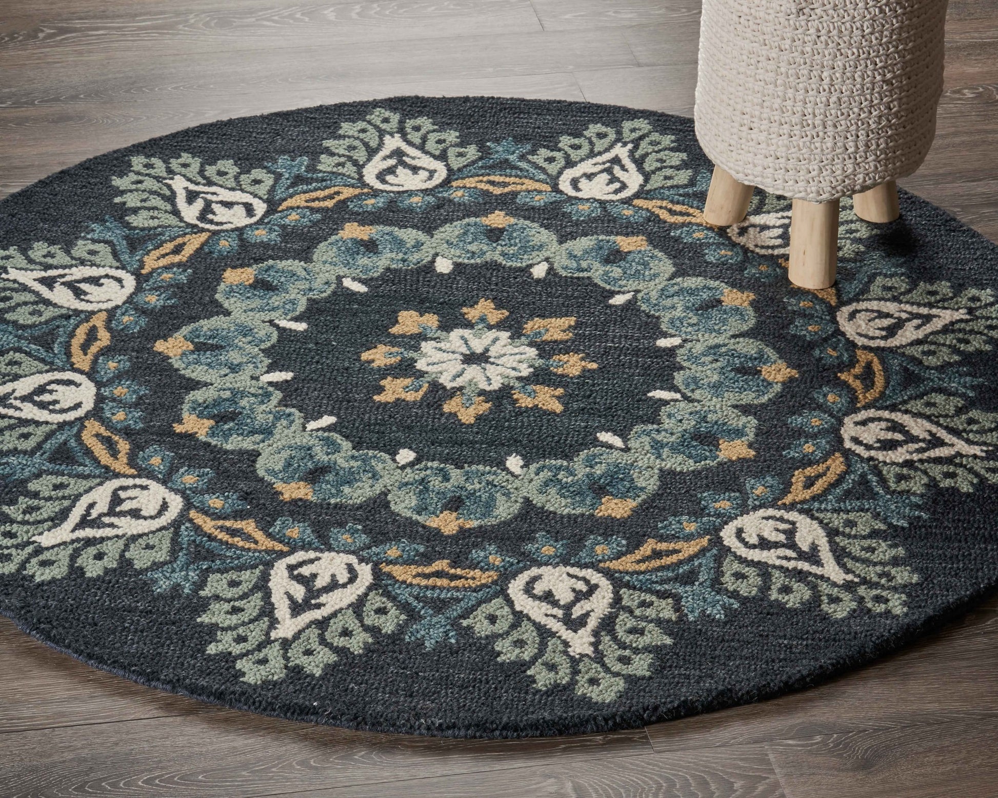 6' Round Black Floral Paradise Area Rug-Area Rugs-DECOROLALA