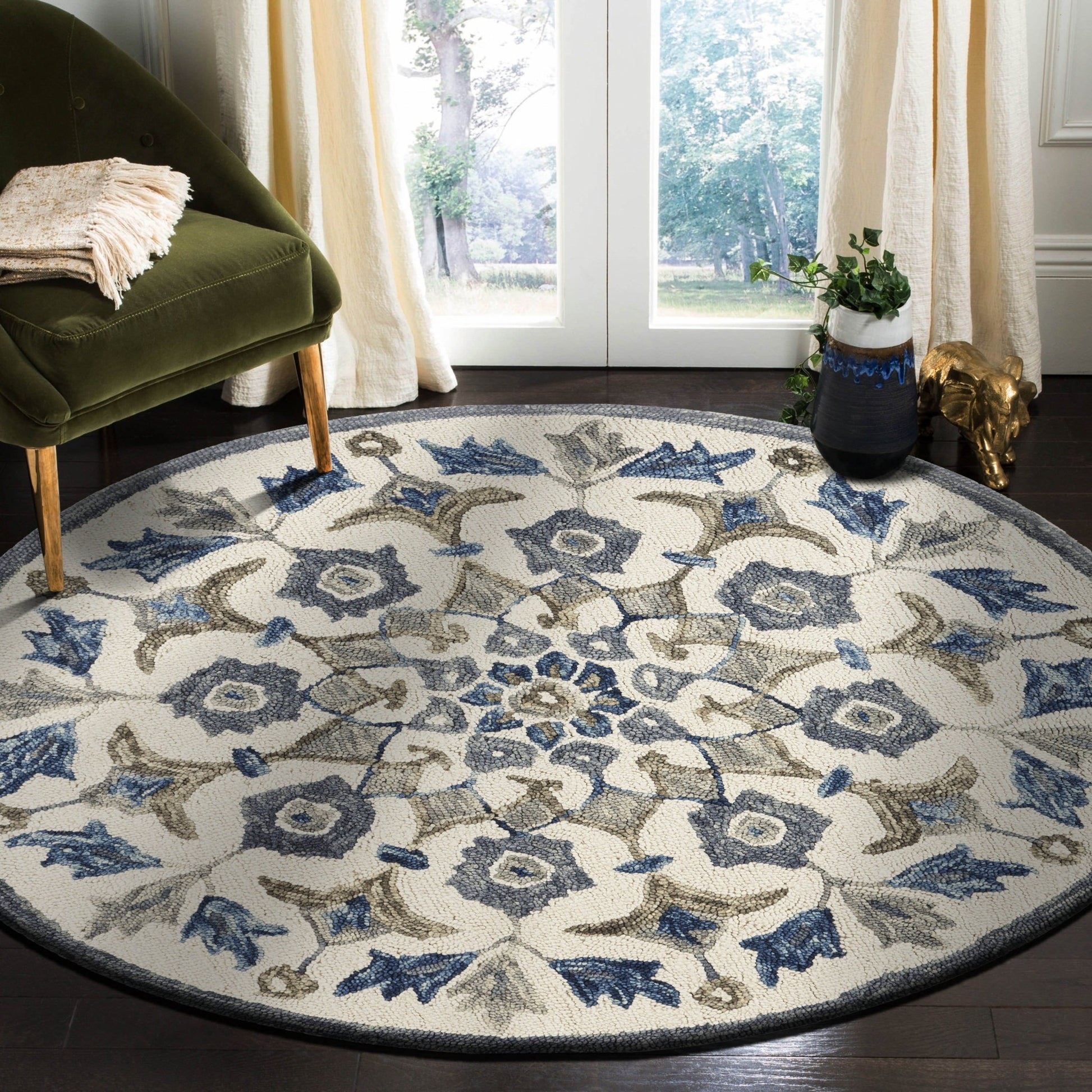 6' Round Blue Floral Oasis Area Rug-Area Rugs-DECOROLALA
