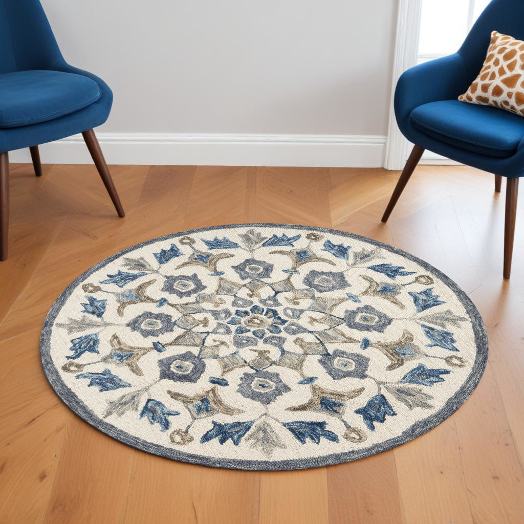 6' Round Blue Floral Oasis Area Rug-Area Rugs-DECOROLALA