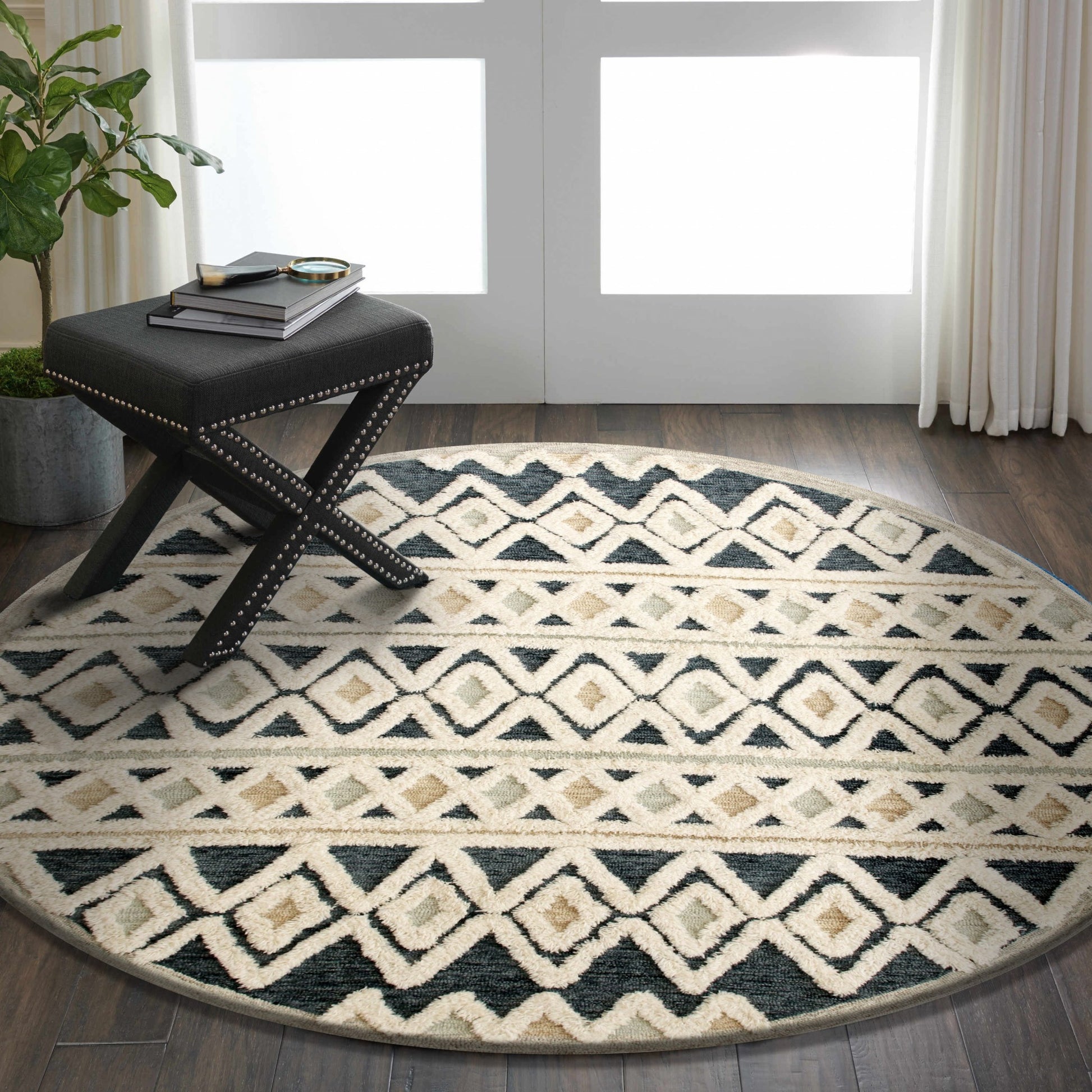 6' Round Blue and Cream Striped Diamonds Area Rug-Area Rugs-DECOROLALA