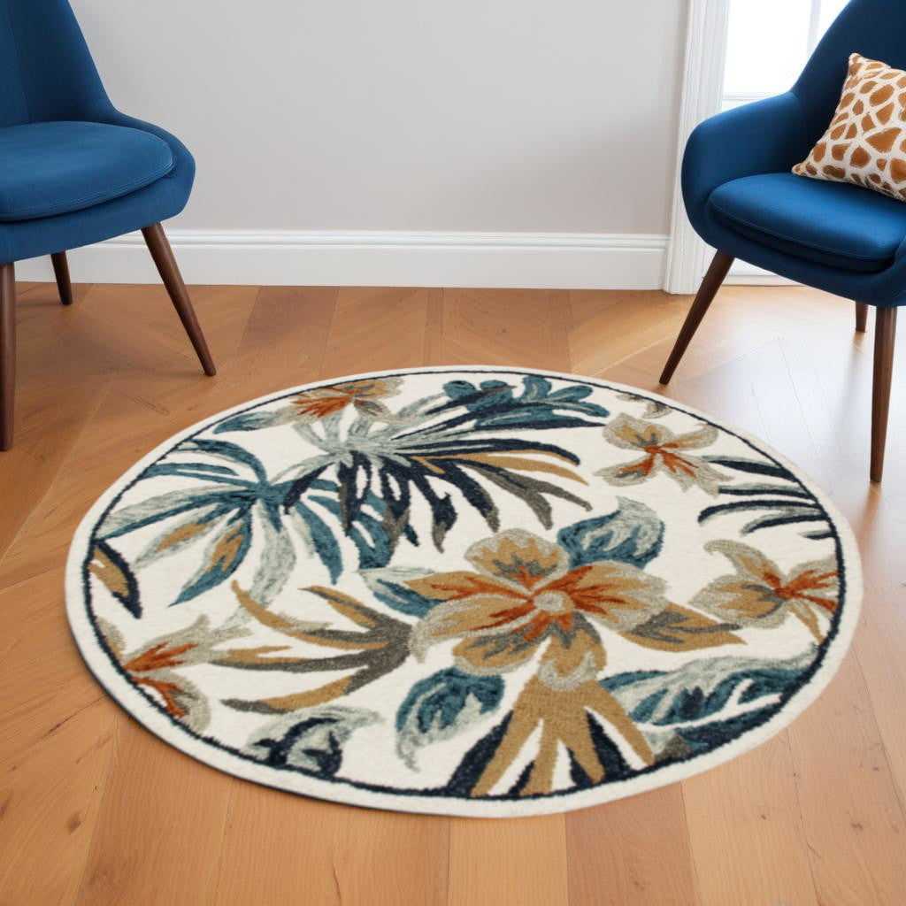 6' Round Blue and White Tropical Area Rug-Area Rugs-DECOROLALA