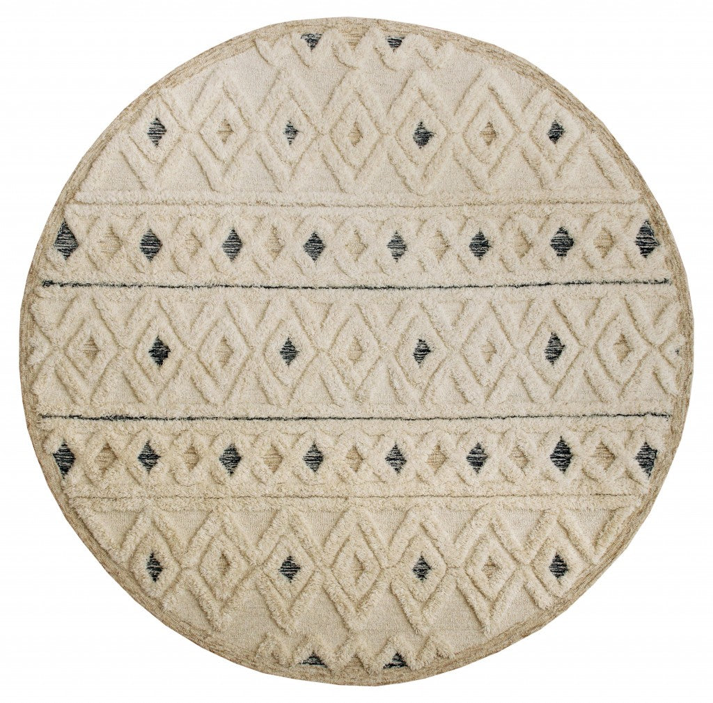 6' Round Cream and Blue Striped Diamonds Area Rug-Area Rugs-DECOROLALA