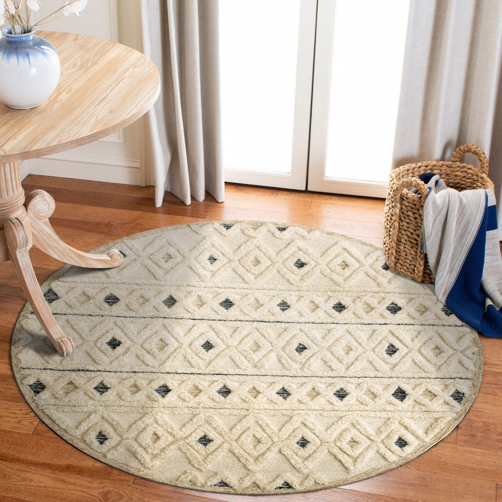 6' Round Cream and Blue Striped Diamonds Area Rug-Area Rugs-DECOROLALA