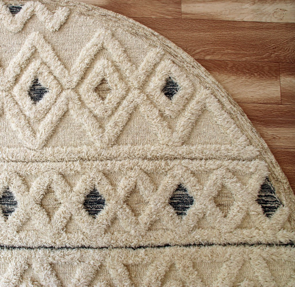 6' Round Cream and Blue Striped Diamonds Area Rug-Area Rugs-DECOROLALA