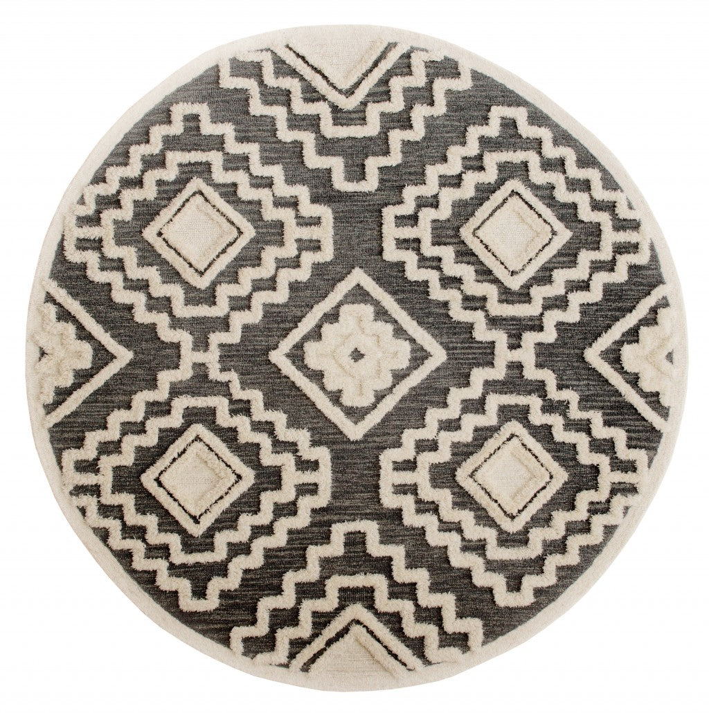 6' Round Gray and Cream Geometric Area Rug-Area Rugs-DECOROLALA