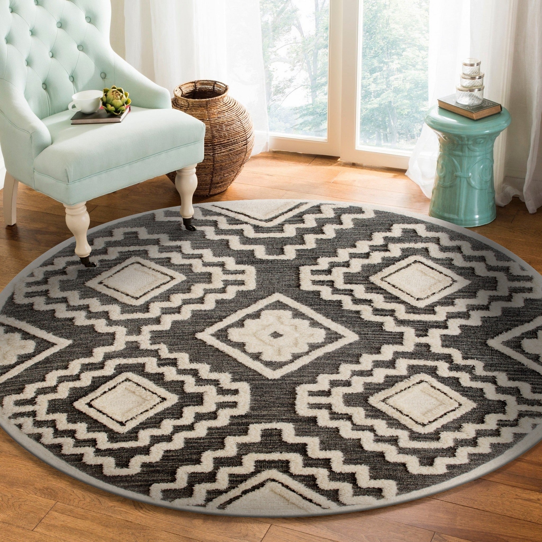 6' Round Gray and Cream Geometric Area Rug-Area Rugs-DECOROLALA