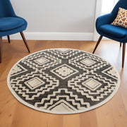 6' Round Gray and Cream Geometric Area Rug-Area Rugs-DECOROLALA