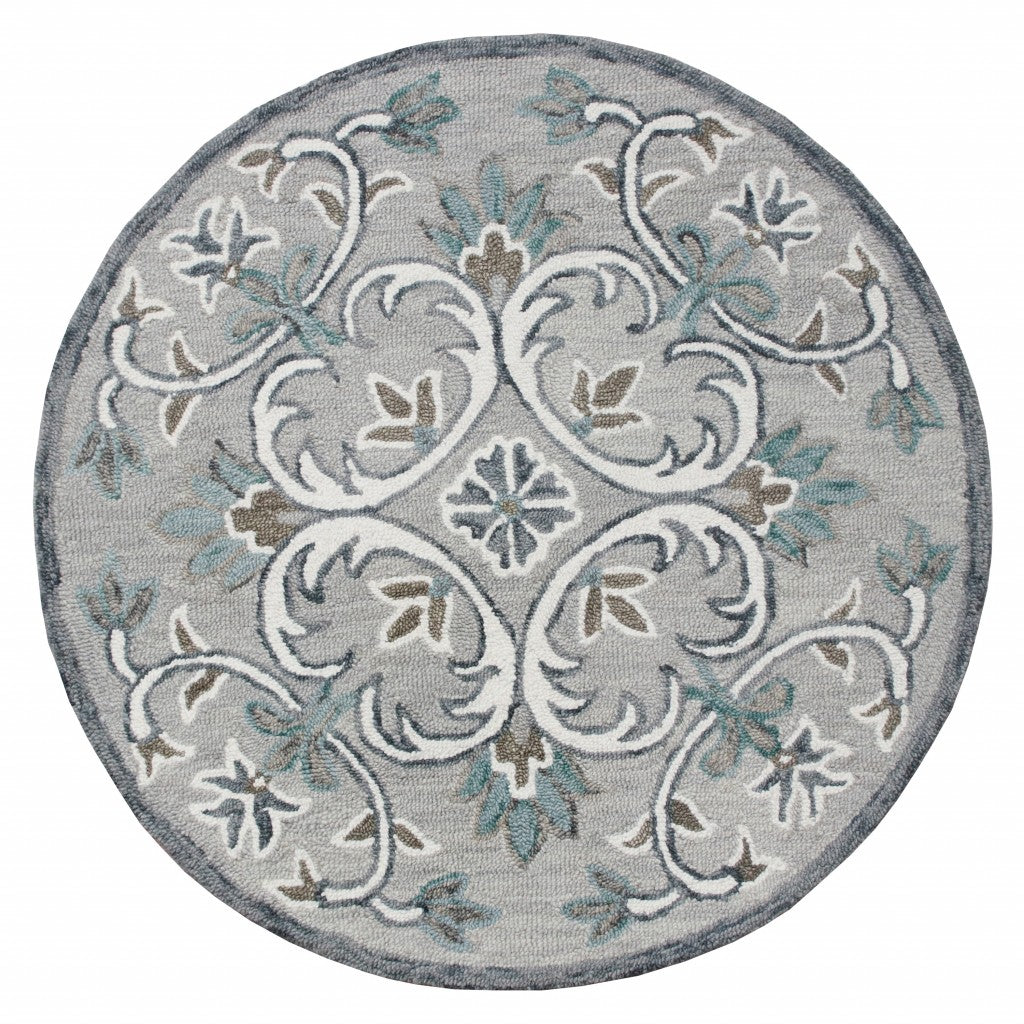 6' Round Gray and White Filigree Area Rug-Area Rugs-DECOROLALA