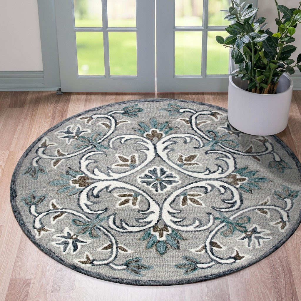 6' Round Gray and White Filigree Area Rug-Area Rugs-DECOROLALA