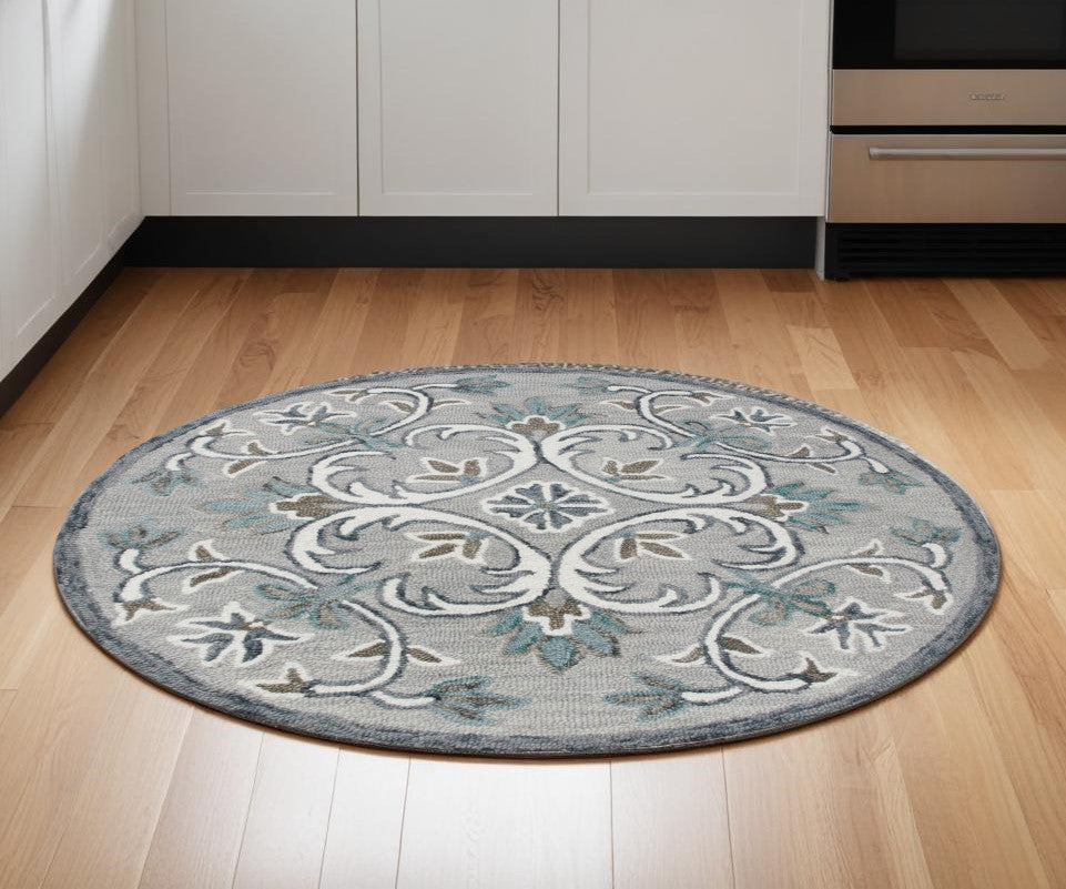 6' Round Gray and White Filigree Area Rug-Area Rugs-DECOROLALA