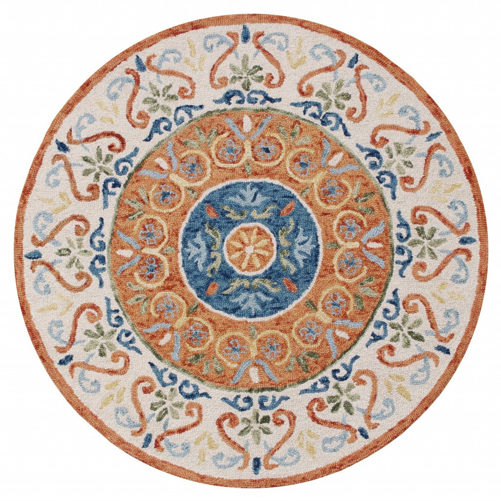 6' Round Orange Traditional Medallion Area Rug-Area Rugs-DECOROLALA
