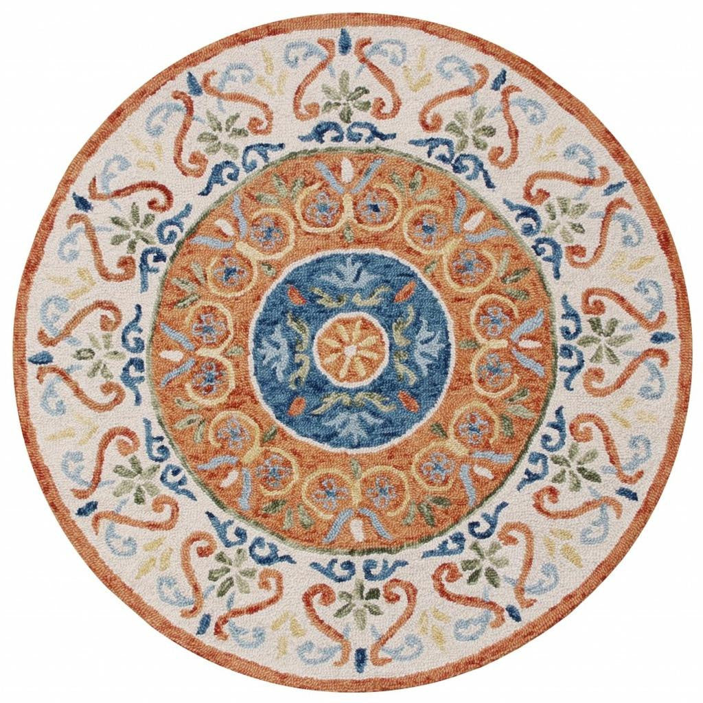 6' Round Orange Traditional Medallion Area Rug-Area Rugs-DECOROLALA