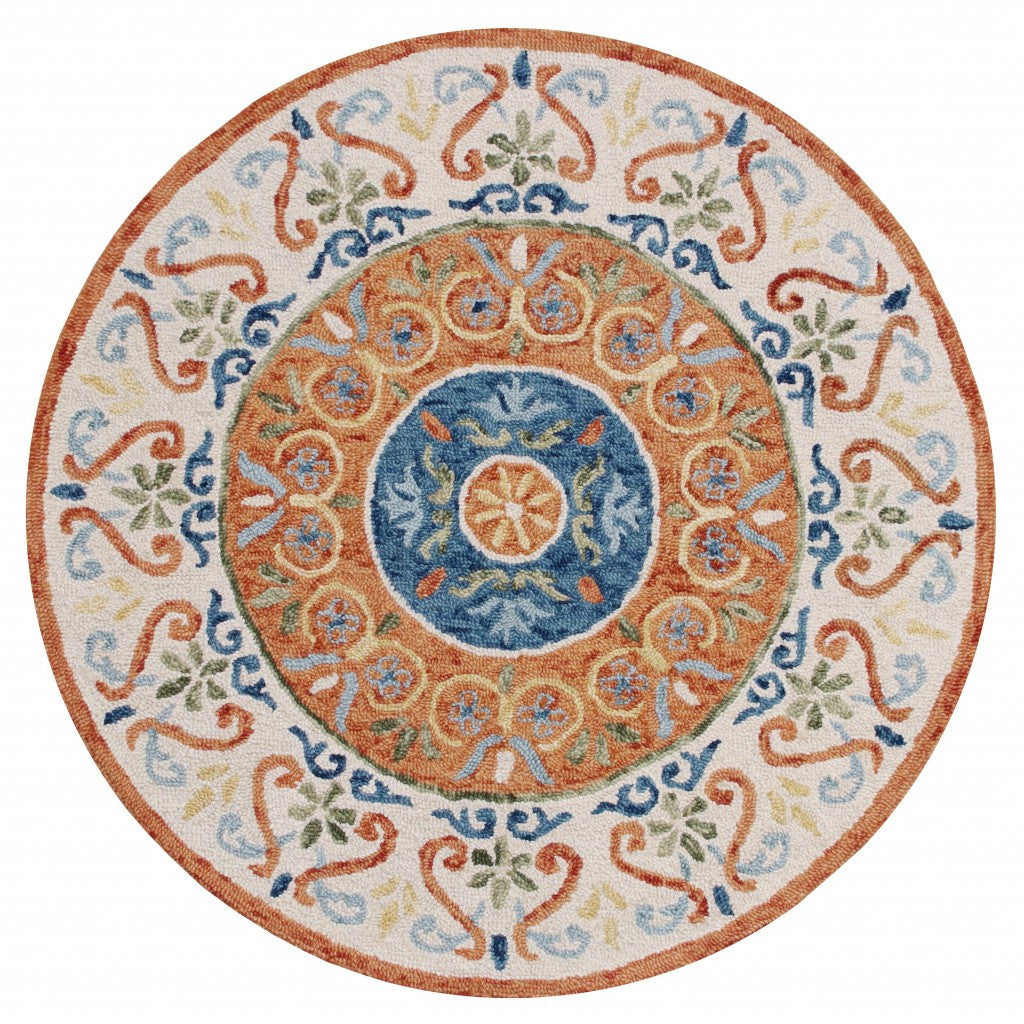 6' Round Orange Traditional Medallion Area Rug-Area Rugs-DECOROLALA