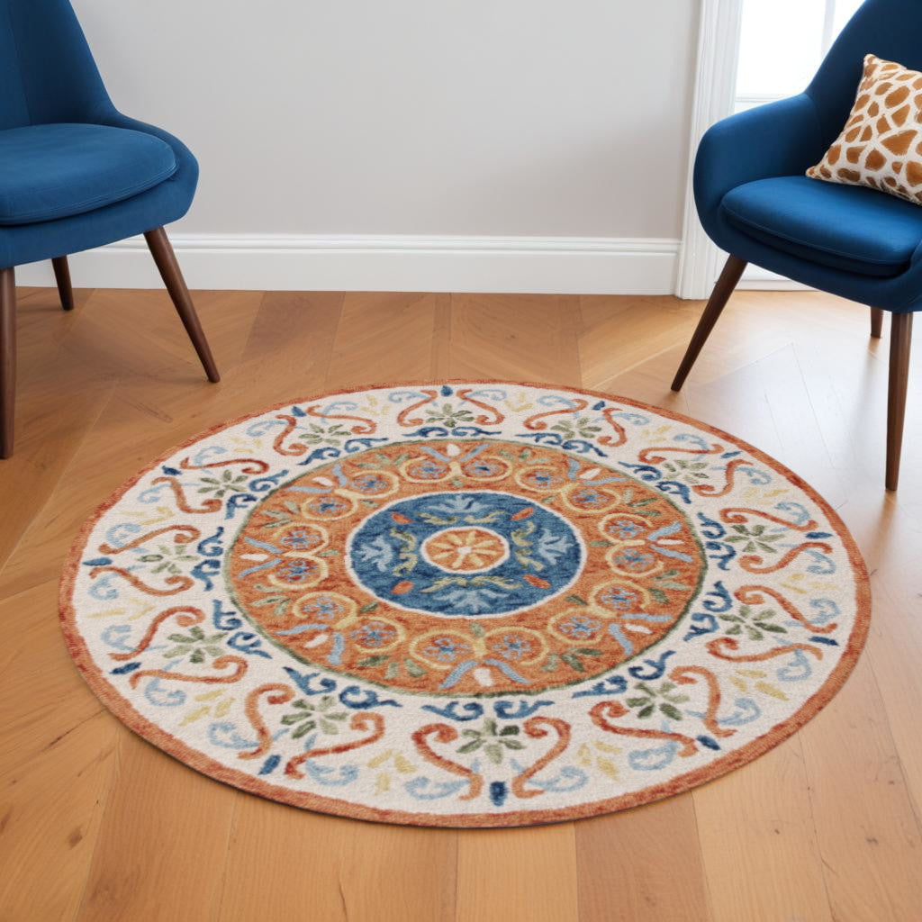 6' Round Orange Traditional Medallion Area Rug-Area Rugs-DECOROLALA