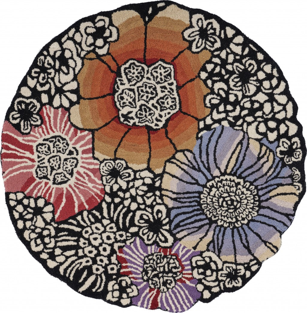 6' Round Red and Black Floral Blossom Area Rug-Area Rugs-DECOROLALA