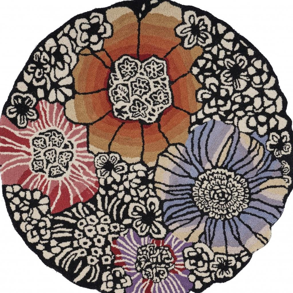 6' Round Red and Black Floral Blossom Area Rug-Area Rugs-DECOROLALA