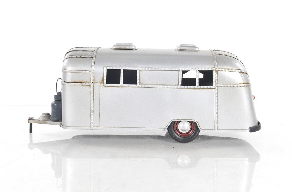 6" Silver Metal Hand Painted Silver Camping Trailer Model Car-Sculptures-DECOROLALA