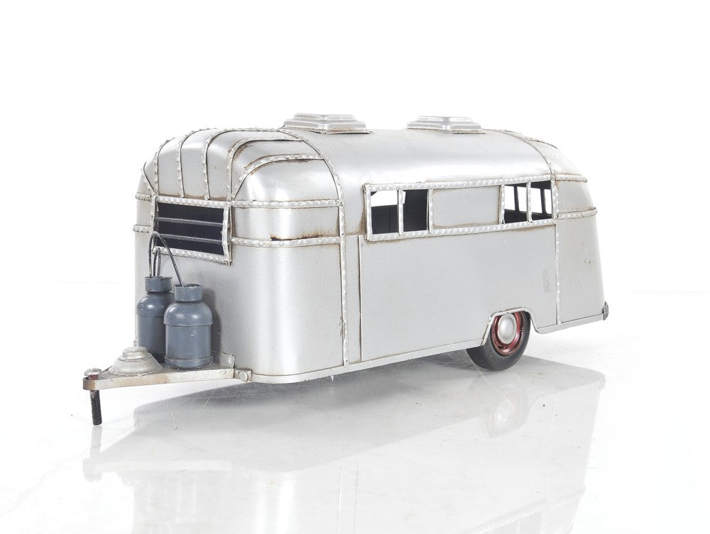 6" Silver Metal Hand Painted Silver Camping Trailer Model Car-Sculptures-DECOROLALA