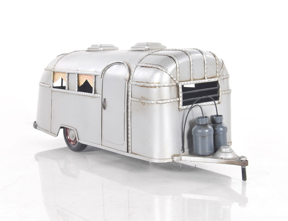 6" Silver Metal Hand Painted Silver Camping Trailer Model Car-Sculptures-DECOROLALA