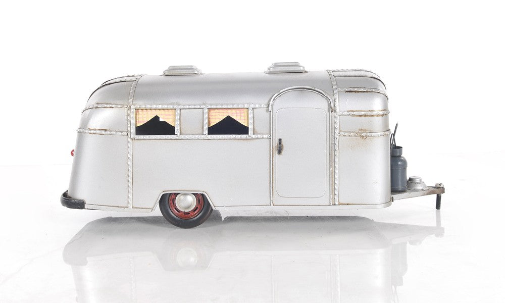 6" Silver Metal Hand Painted Silver Camping Trailer Model Car-Sculptures-DECOROLALA