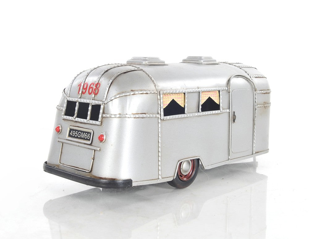 6" Silver Metal Hand Painted Silver Camping Trailer Model Car-Sculptures-DECOROLALA