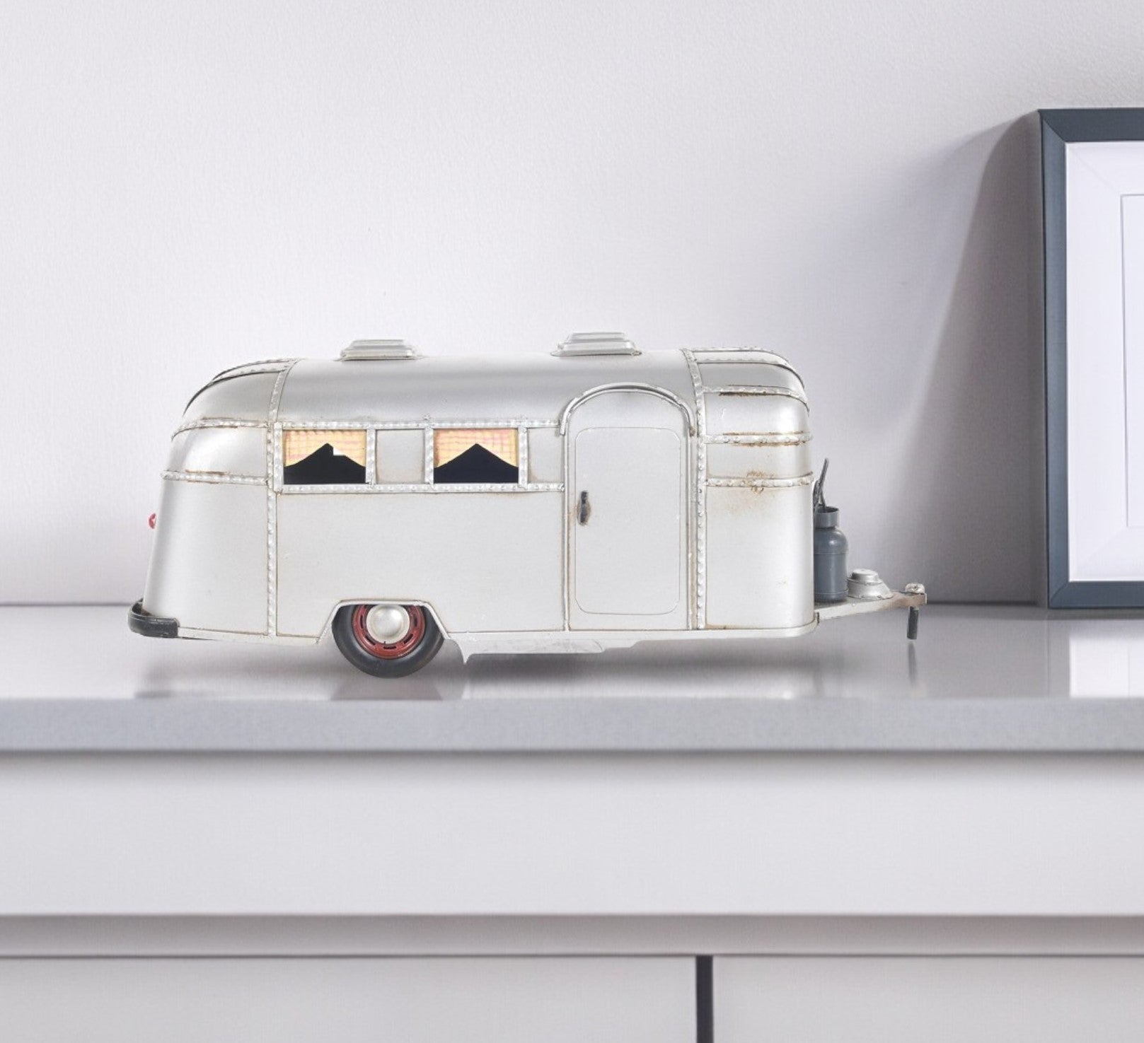 6" Silver Metal Hand Painted Silver Camping Trailer Model Car-Sculptures-DECOROLALA