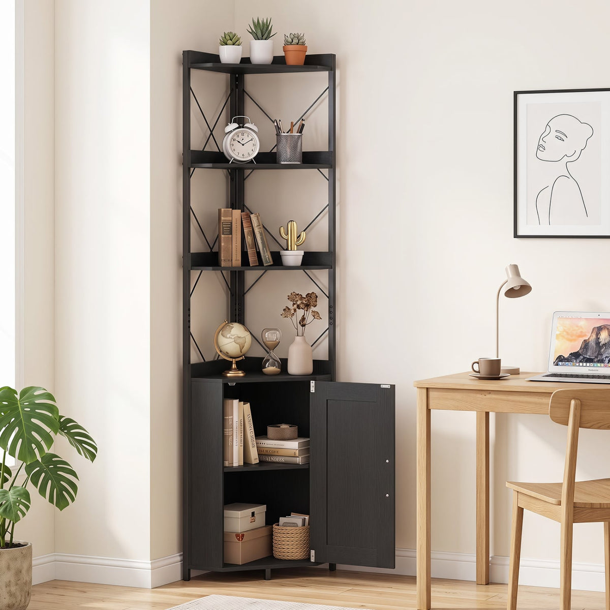 6-Tier 71" Tall Freestanding Bookshelf with Cabinet and Metal Frame-Black-Bookcases-DECOROLALA