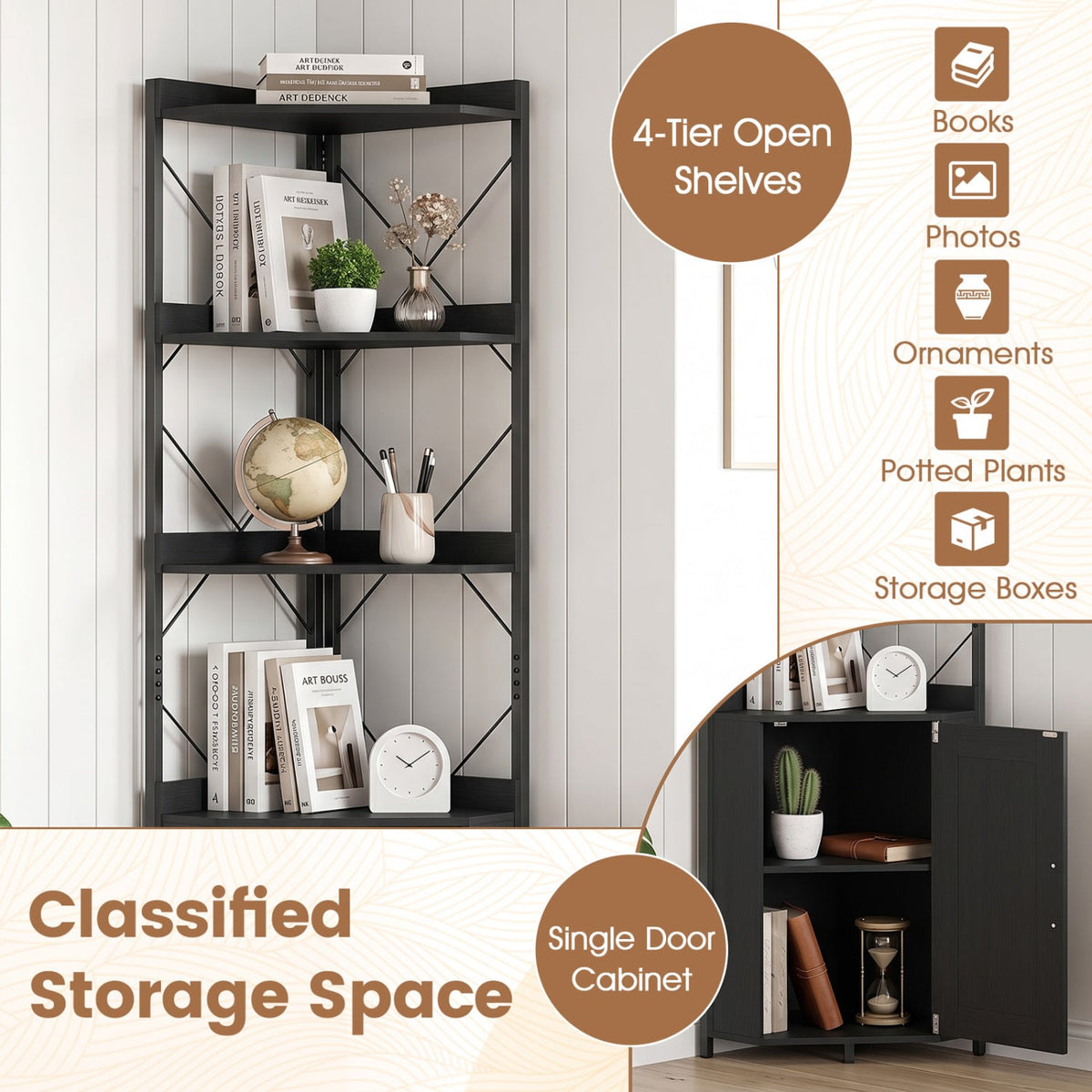 6-Tier 71" Tall Freestanding Bookshelf with Cabinet and Metal Frame-Black-Bookcases-DECOROLALA