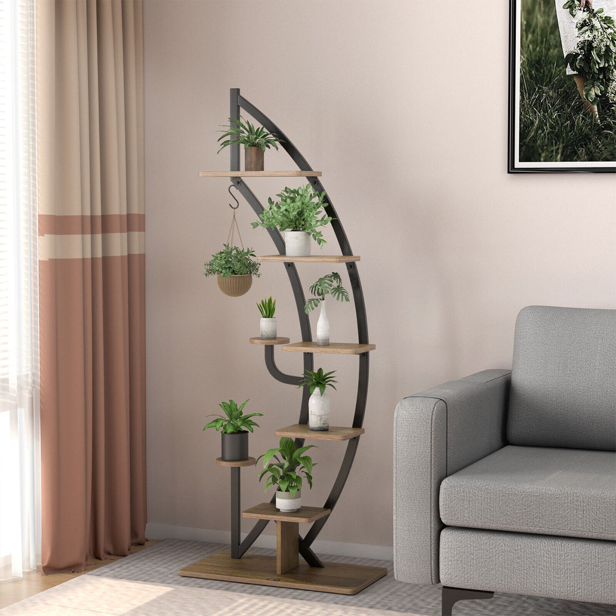 6 Tier 9 Potted Metal Plant Stand Holder Display Shelf with Hook-Natural-Plant Stands-DECOROLALA