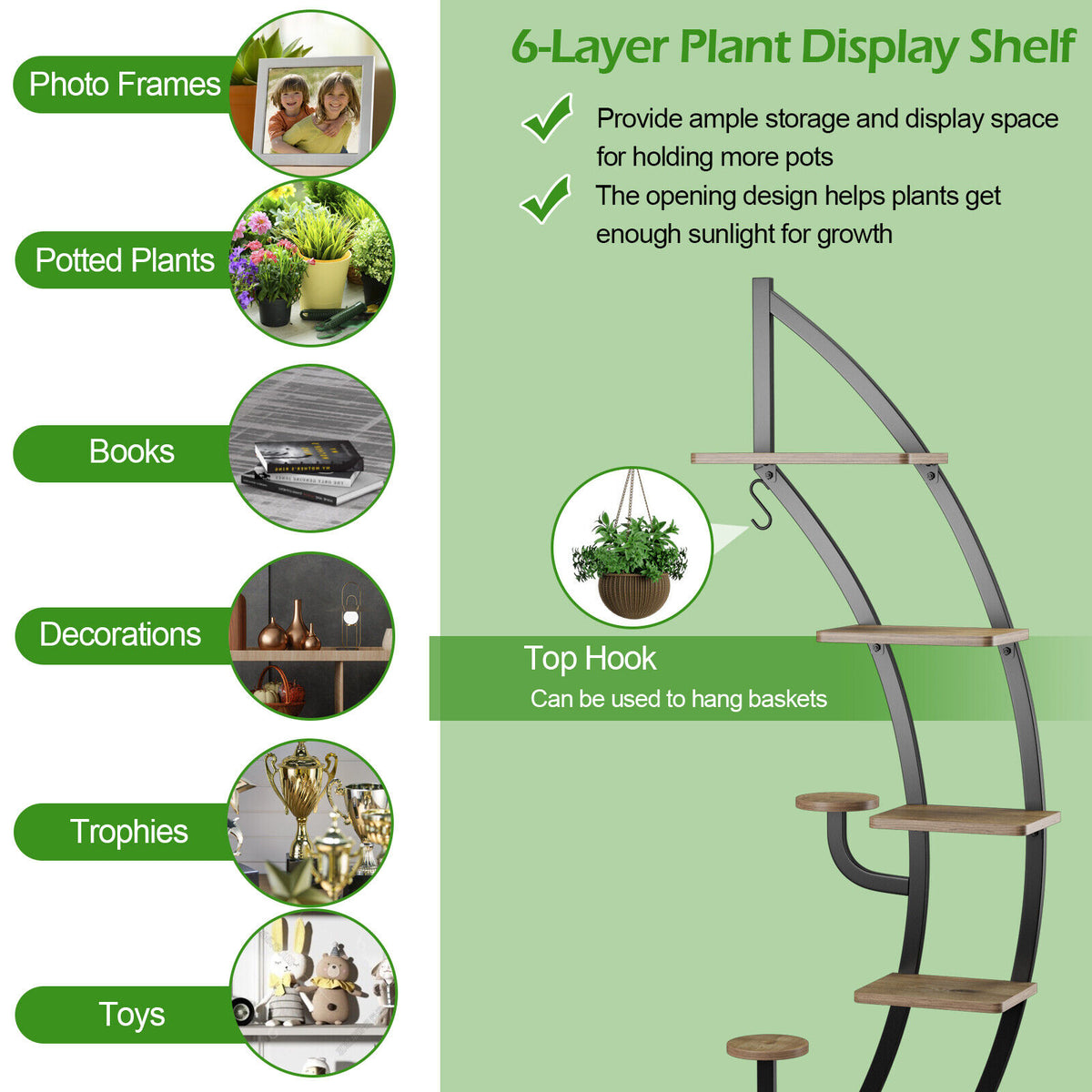 6 Tier 9 Potted Metal Plant Stand Holder Display Shelf with Hook-Natural-Plant Stands-DECOROLALA